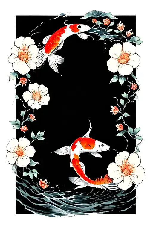 Koi Fish Swimming With Flowers
