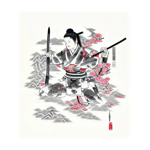 Black And Grey Katana With Red Cherry Blossom
