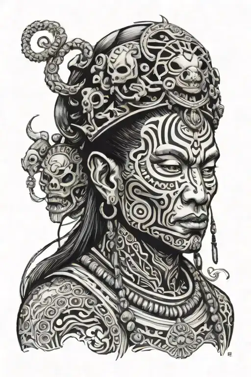 Shaman Side Face With Piercings And With Third Eye Surrounded By Alien Beings Around His Head