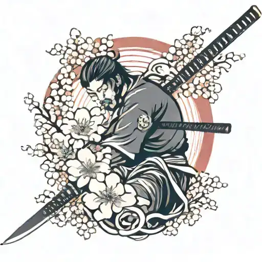 Cherry Blossom And Katana Sword Surrounded