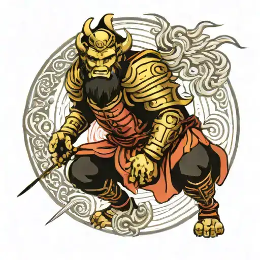 A Tattoo Of Sun Wu-kong In Battle Armour With The Symbol For Aries Behind Him In The Sun