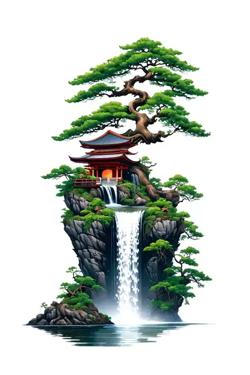 Bonsai Cliff Temple Waterfall Overgrown