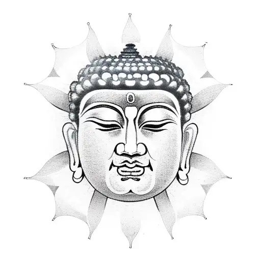 Face Of Lord Buddha Surrounded By Buddhist Wheel Of Dharma