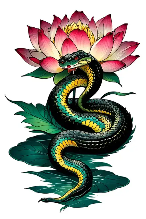 A Snake Going Down From A Lotus Flower
