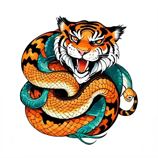 Tiger And Snake Wrapped Around
