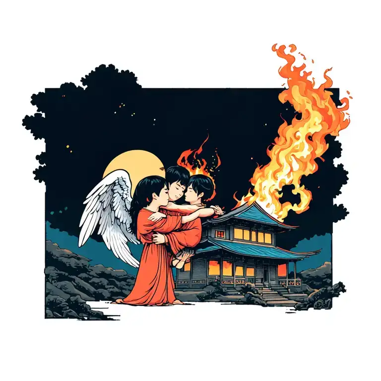 Two Angels Embrace A Boy In Front Of A Burning House In A Japanese-style Chest