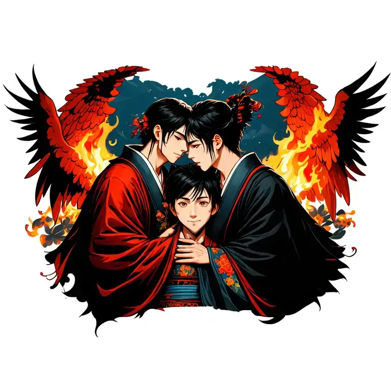 Two Male Angels Embrace A Boy In Front Of A Burning Japanese-style House