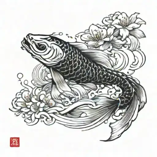 A Koi Fish Surrounded By Intricate Japanese Waves And Cherry Blossoms