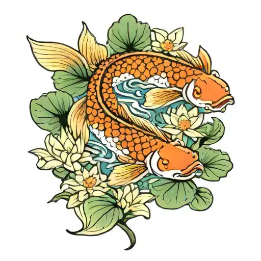 Koi Fish In Pond With Lily Pads And Lotus