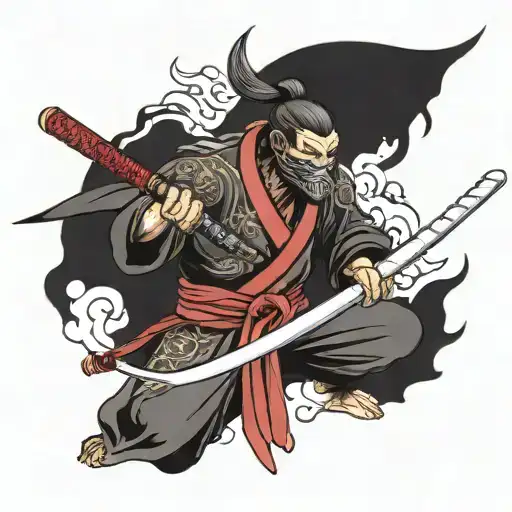 Half Ninja Half Samurai Holding A Katana With A Smoke Dragon Wrapped Around The Blade