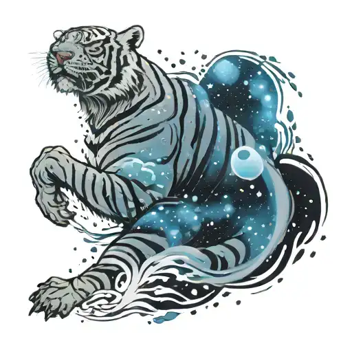 Ink Puddle That Looks Like A Starry Sky Where There Is A White Bengal Tiger Is Partially Submerged