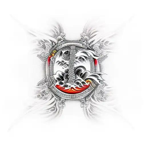 Japanese Demonic Samurai Flames Waves Swords