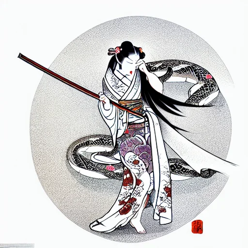 A Goddess In Kimono Holding A Katana Riding A Dragon