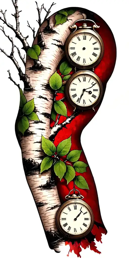 Birch Branches With Hunter Green Leaves With Only Three Clocks Integrated Into It For An Arm Sleeve
