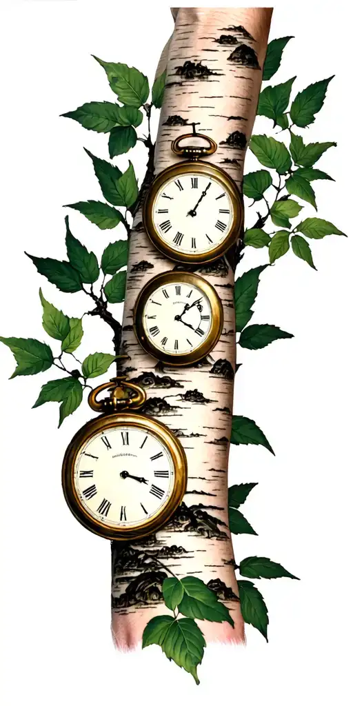 Birch Branches With Hunter Green Leaves With Only Three Clocks Integrated Into It For An Arm Sleeve