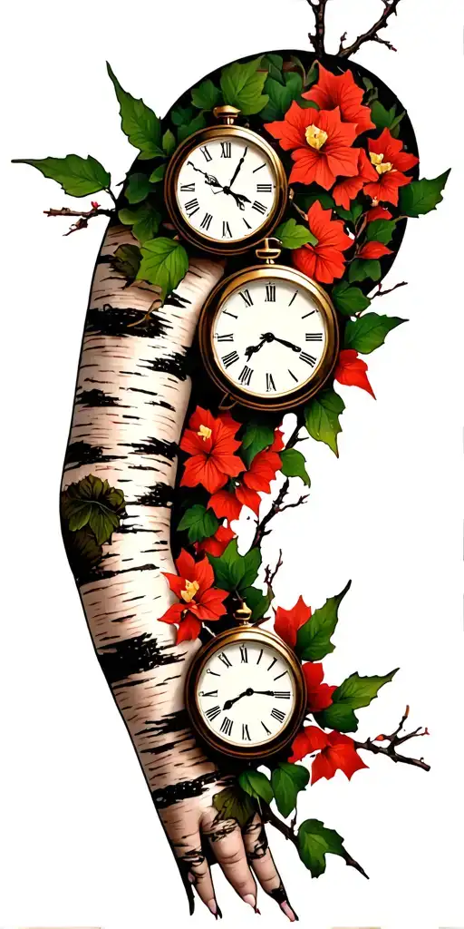 Birch Branches With Hunter Green Leaves With Only Three Clocks Integrated Into It For An Arm Sleeve