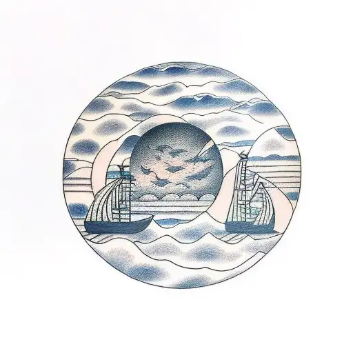 Ship Sunset And Moon