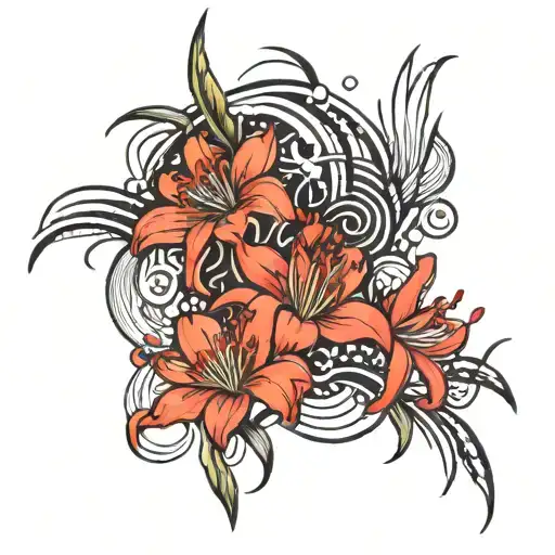 Red Lycoris Flowers And Black Abstract Lines