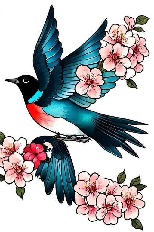 Cherry Blossoms Clouds Swallow Bird