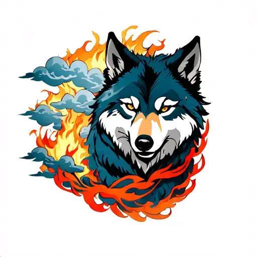 Japanese Wolf With Clouds And Fire