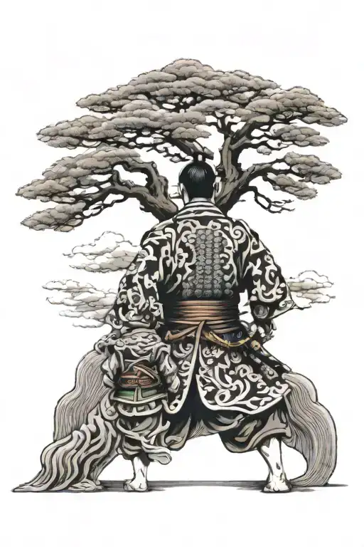 Samurai Holding His Son's Hand Walking Towards A Big Tree View From The Back