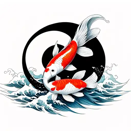 Koi Fish And Black Round Waves In The Background