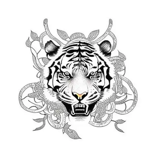 Tiger Skull With Vines Hanging Off Of It