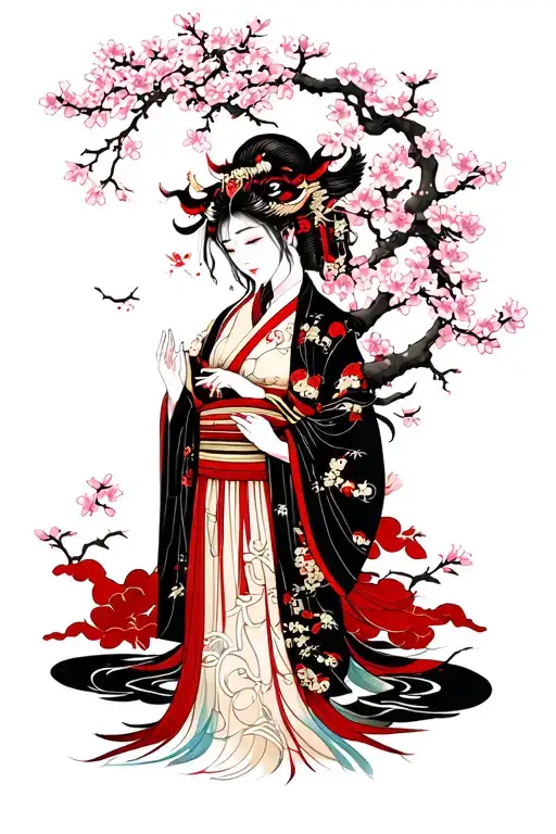 Japanese Demon With Woman Under Half Cherry Blossom Outline
