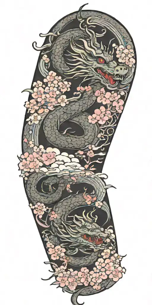 Dragon With Cherry Blossoms And Clouds Surrounding