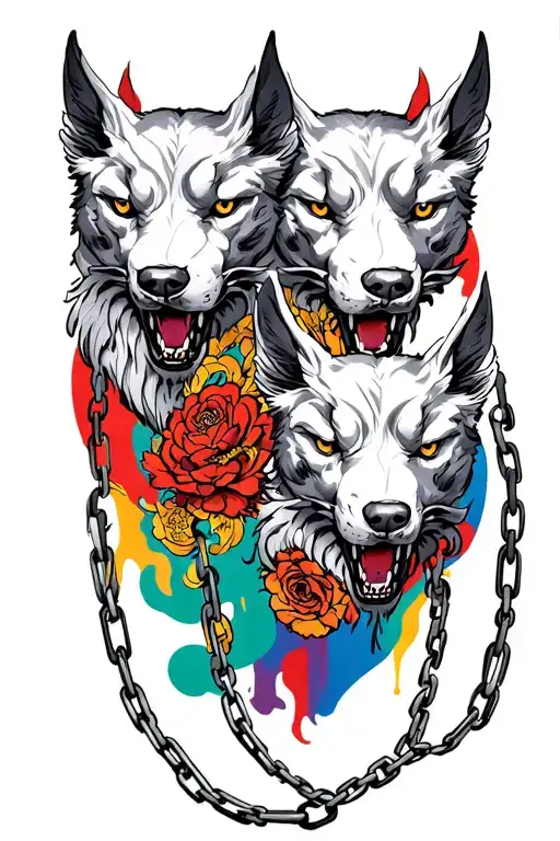 3 Cerberus Heads With Chains And Colored Background