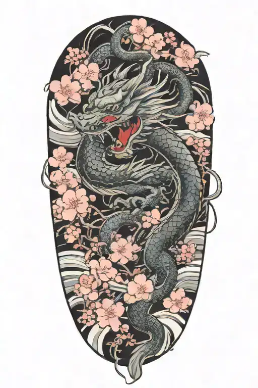Dragon Tattoo With Clouds And Cherry Blossoms Surrounding