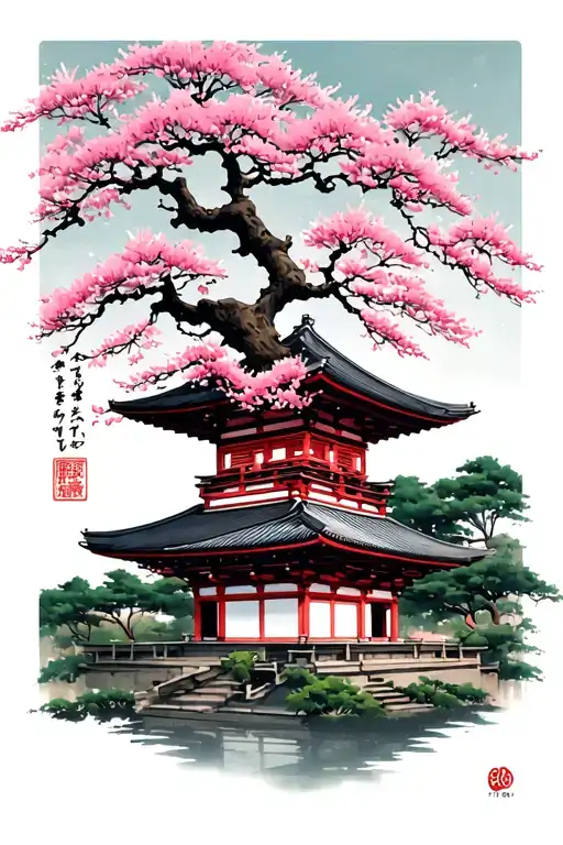 Japanese Temple In Profile With A Big Cherry Tree
