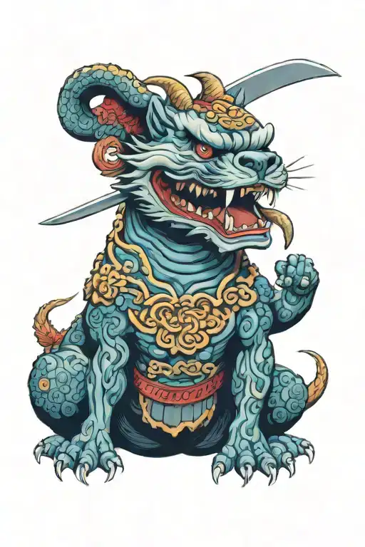 Fu Dog Keeping A Knife In The Mouth With Angry Face