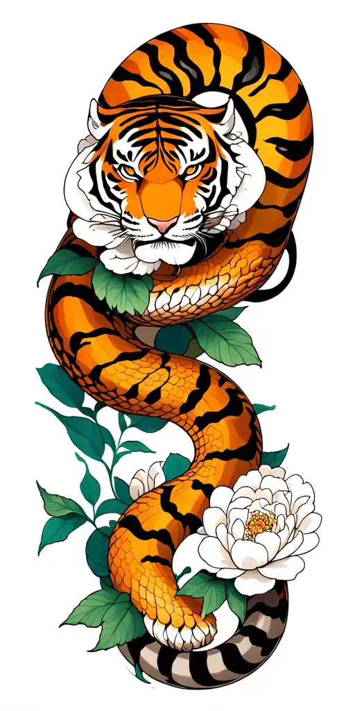 Tiger And Snake Coming With White Peonies Flower