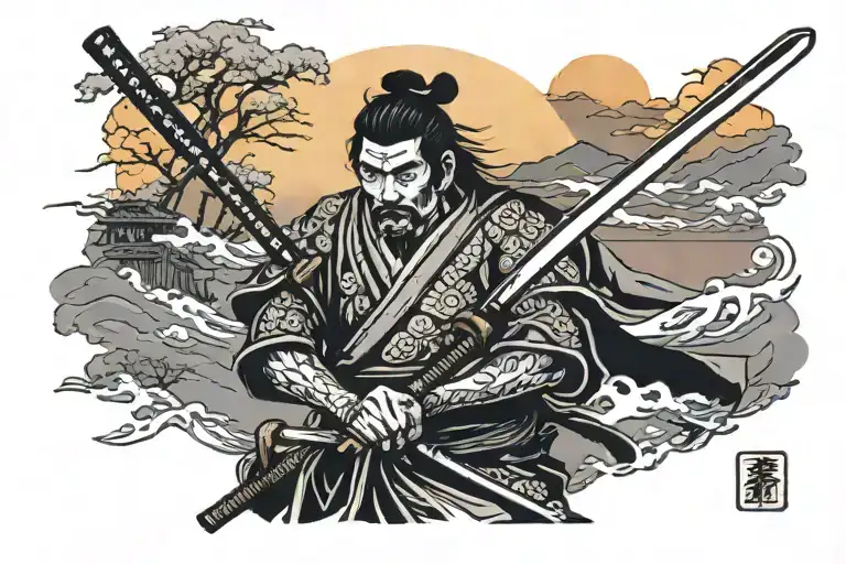 Samurai With Katana Sword And Japanese Sun Setting