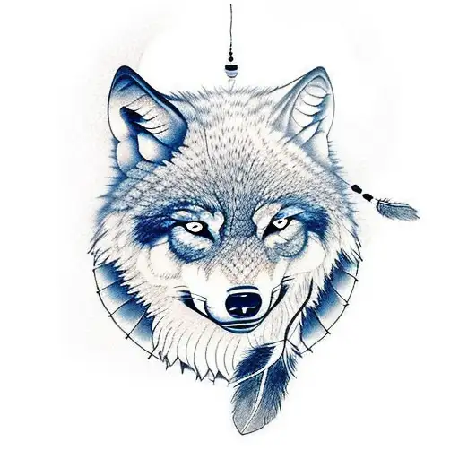 Wolf And A Moon And A Dream Catcher