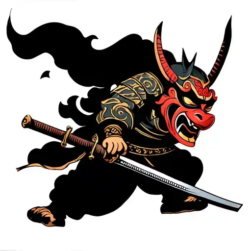 Oni Mask With Katana Male Warrior Walking