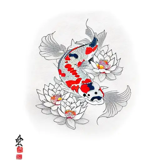 Koi Fish With Peony Cherry Blossom
