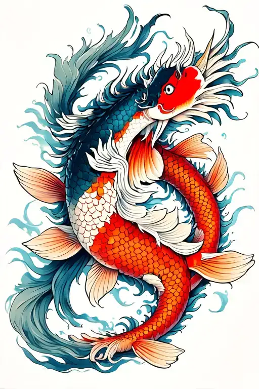 Ying As Koi Fisch On The Left Wade And Yang As A Dragon On The Right Calf
