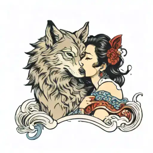 Woman Kissing Wolf On The Mouth