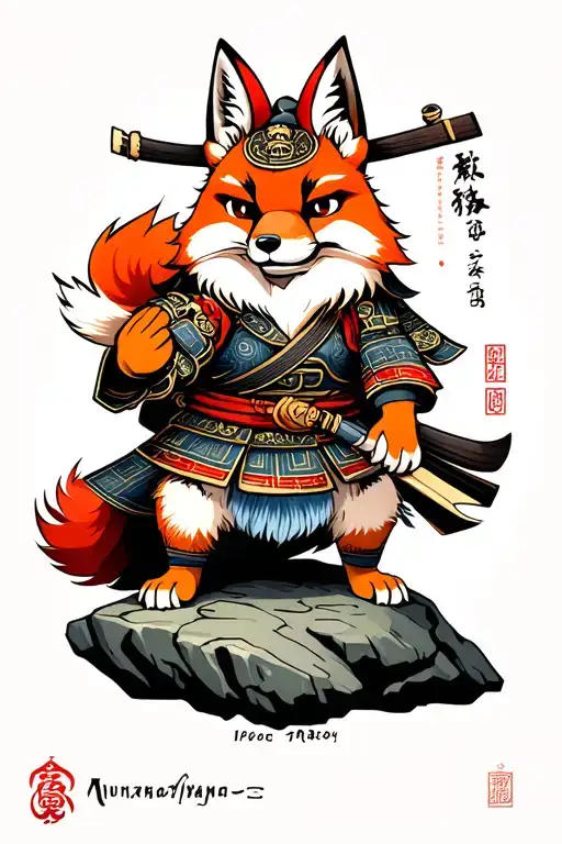 Anthropomorphic Samurai Fox On Rock