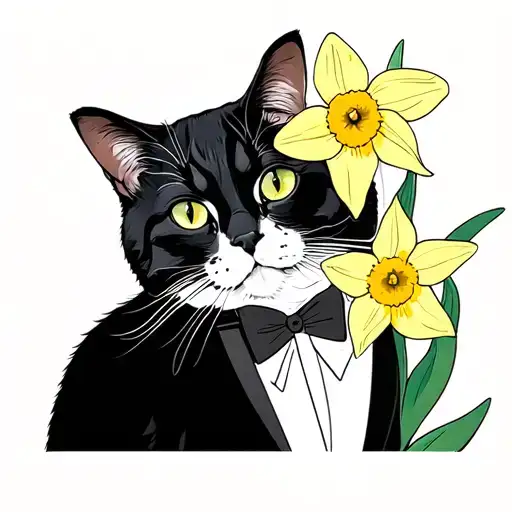 Tuxedo Cat With Daffodils