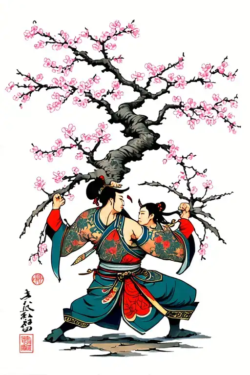 Cherry Blossom Tree With Samuri Fighting In Front
