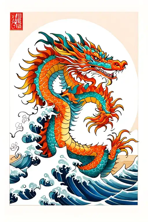 Japanese Style Dragon And Water Waves Crashing In The Background