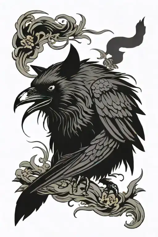 Raven Eat A Black Cat Sitting