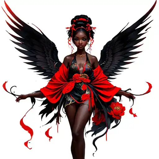 Black Girl With Wings And With Red Accents And Highlights