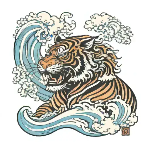Irezumi Tiger Head Emerging From Waves And Clouds