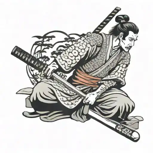 Samurai With Katana Thinking And Meditation Scene Set