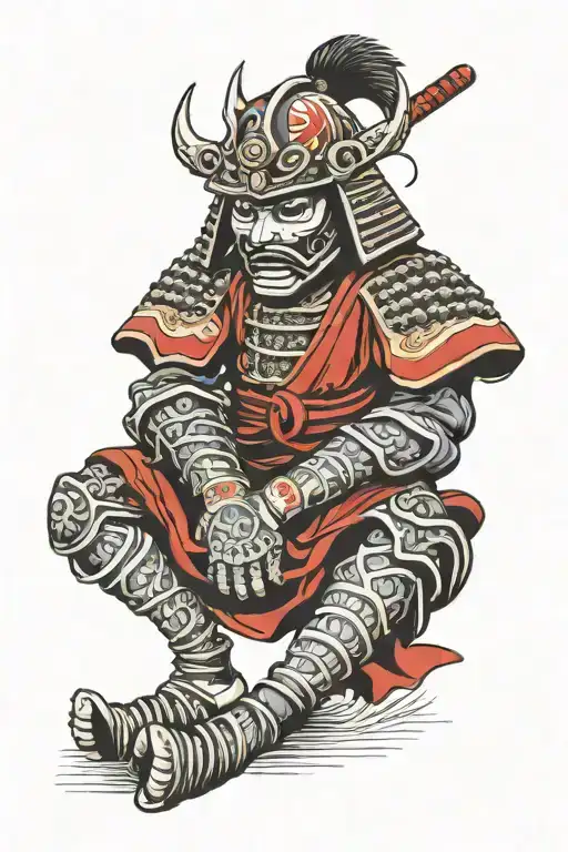 Japanese Samurai Mask On Knee Cap