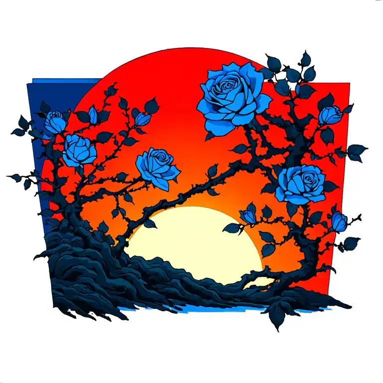 Blue Rose Tree Branches Stretching Towards Sun Rising